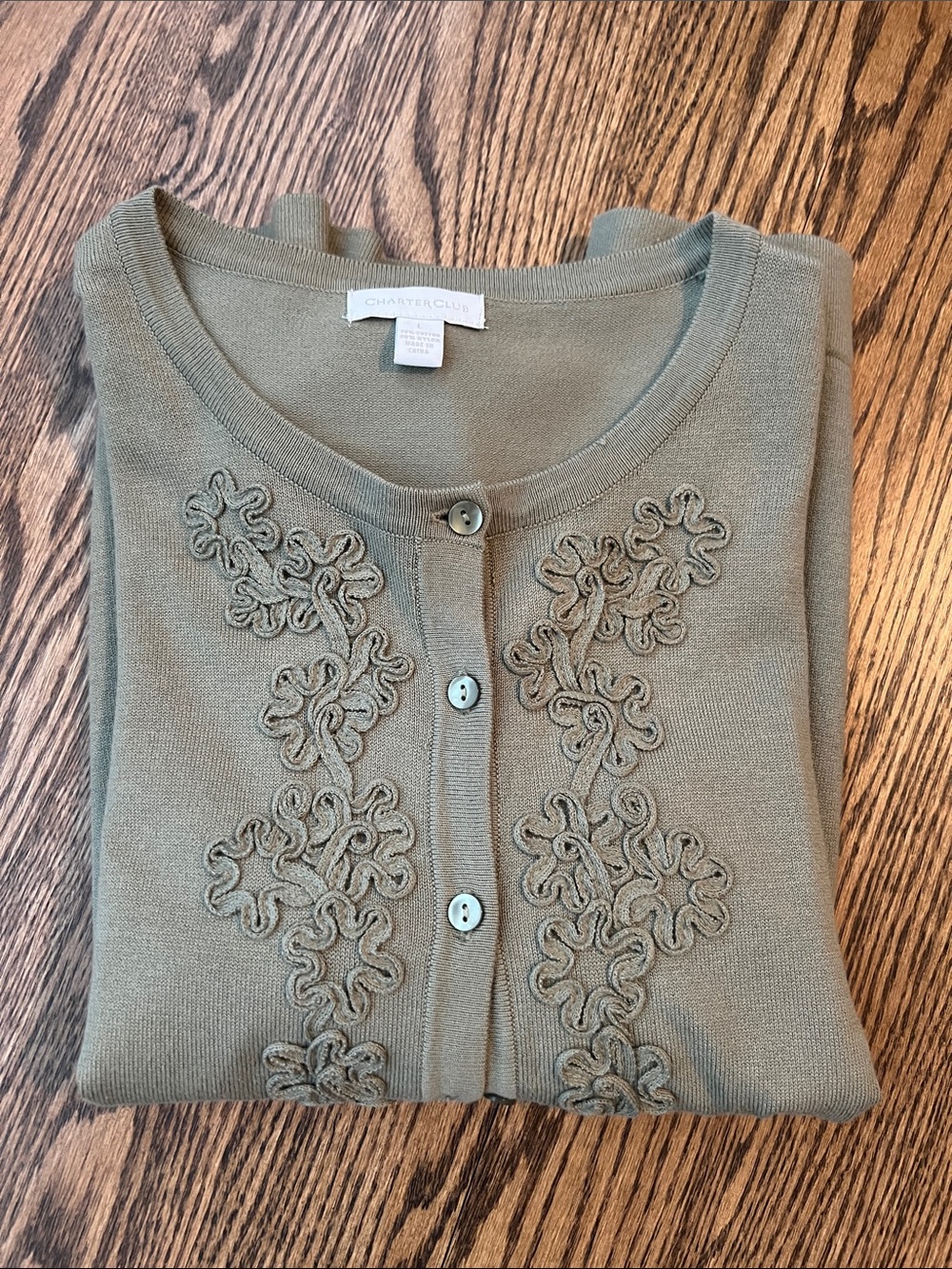 Charter Club Sage Green Floral Appliqué Cotton Cardigan
